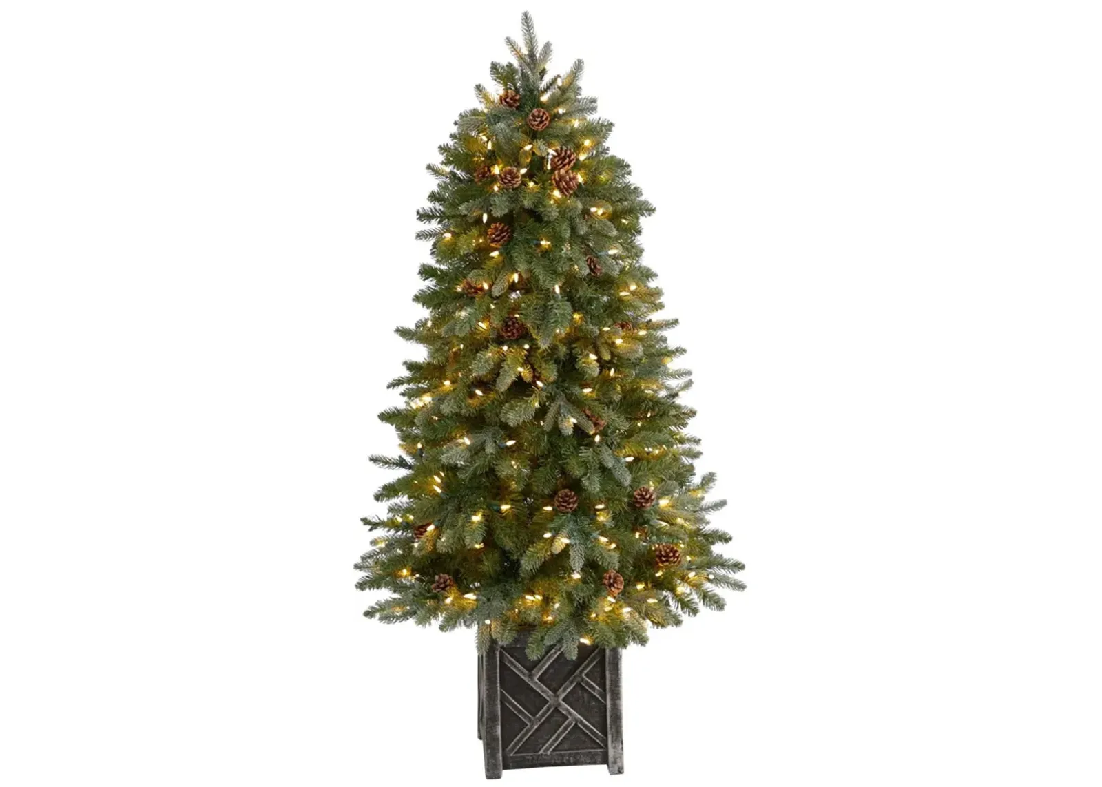 Nearly Natural 5-ft Colorado Fir Flocked Dusted Artificial Christmas Tree with 300 LED Lights, 514 Bendable Branches and Pinecones in Decorative Planter