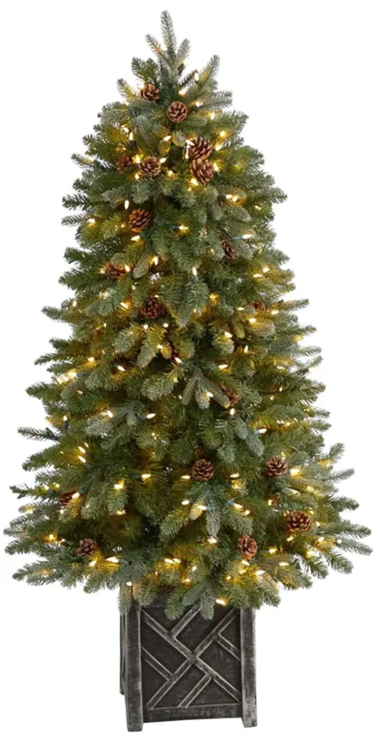 Nearly Natural 5-ft Colorado Fir Flocked Dusted Artificial Christmas Tree with 300 LED Lights, 514 Bendable Branches and Pinecones in Decorative Planter