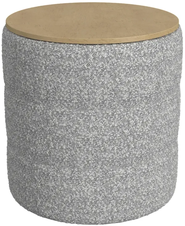 Mona Storage Ottoman, 19 Inch Round Lift Top, Channeled Gray Boucle - Benzara
