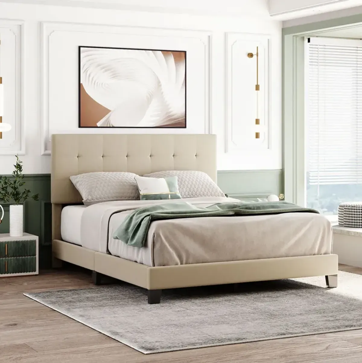 Upholstered Platform Bed With Tufted Headboard, Box Spring Needed, Linen Fabric, Queen