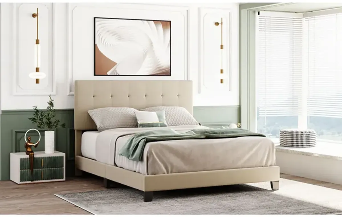 Upholstered Platform Bed With Tufted Headboard, Box Spring Needed, Linen Fabric, Queen