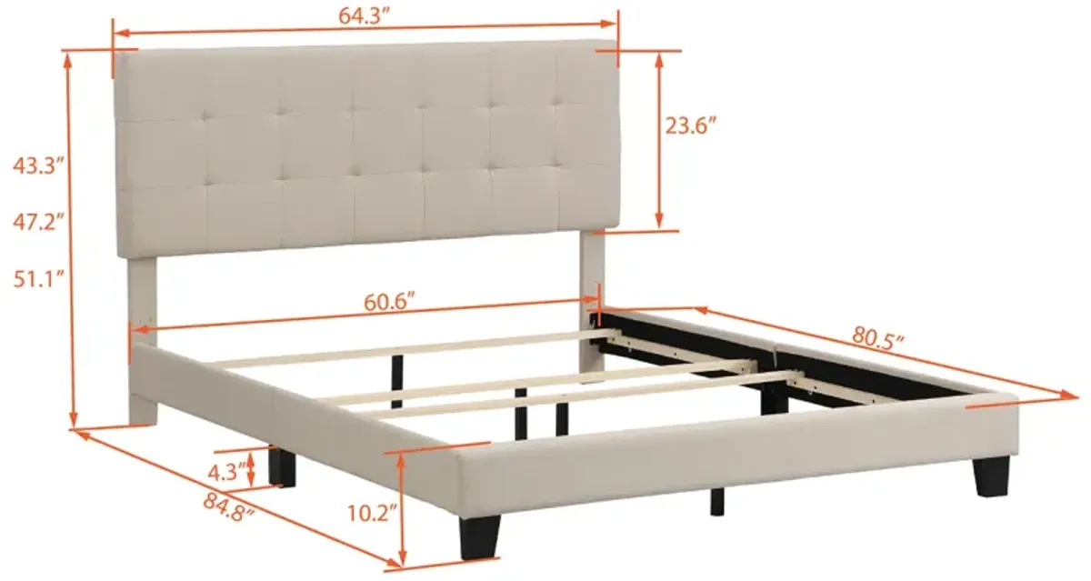 Upholstered Platform Bed With Tufted Headboard, Box Spring Needed, Linen Fabric, Queen