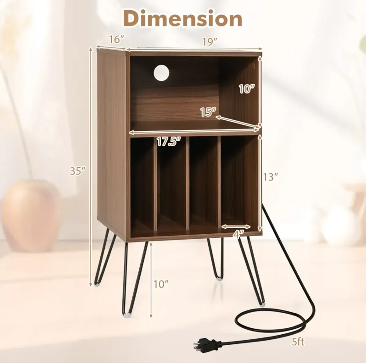 Record Player Stand with Charging Station for Living Room or Bedroom Storage and Decor