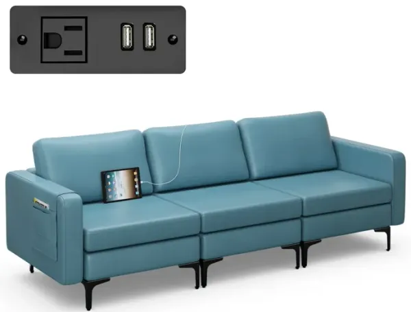 Convertible 3-Seat Sofa Couch with Magazine Pockets and 2 USB Ports for Modern Living Room