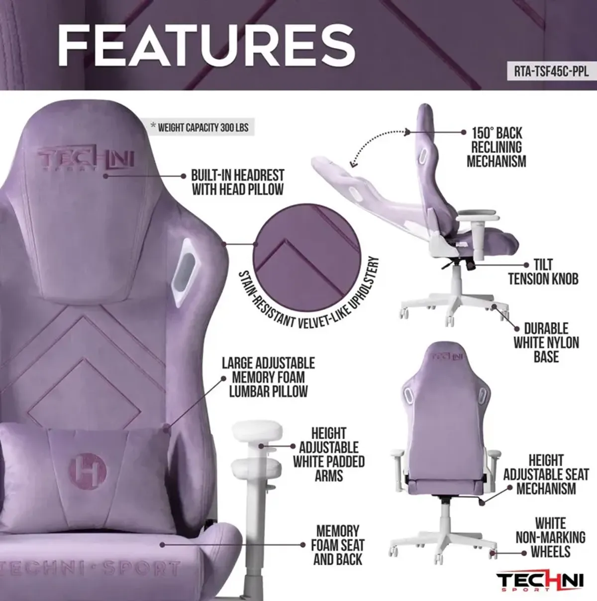 Techni Sport Velvet Gaming Chair -Purple