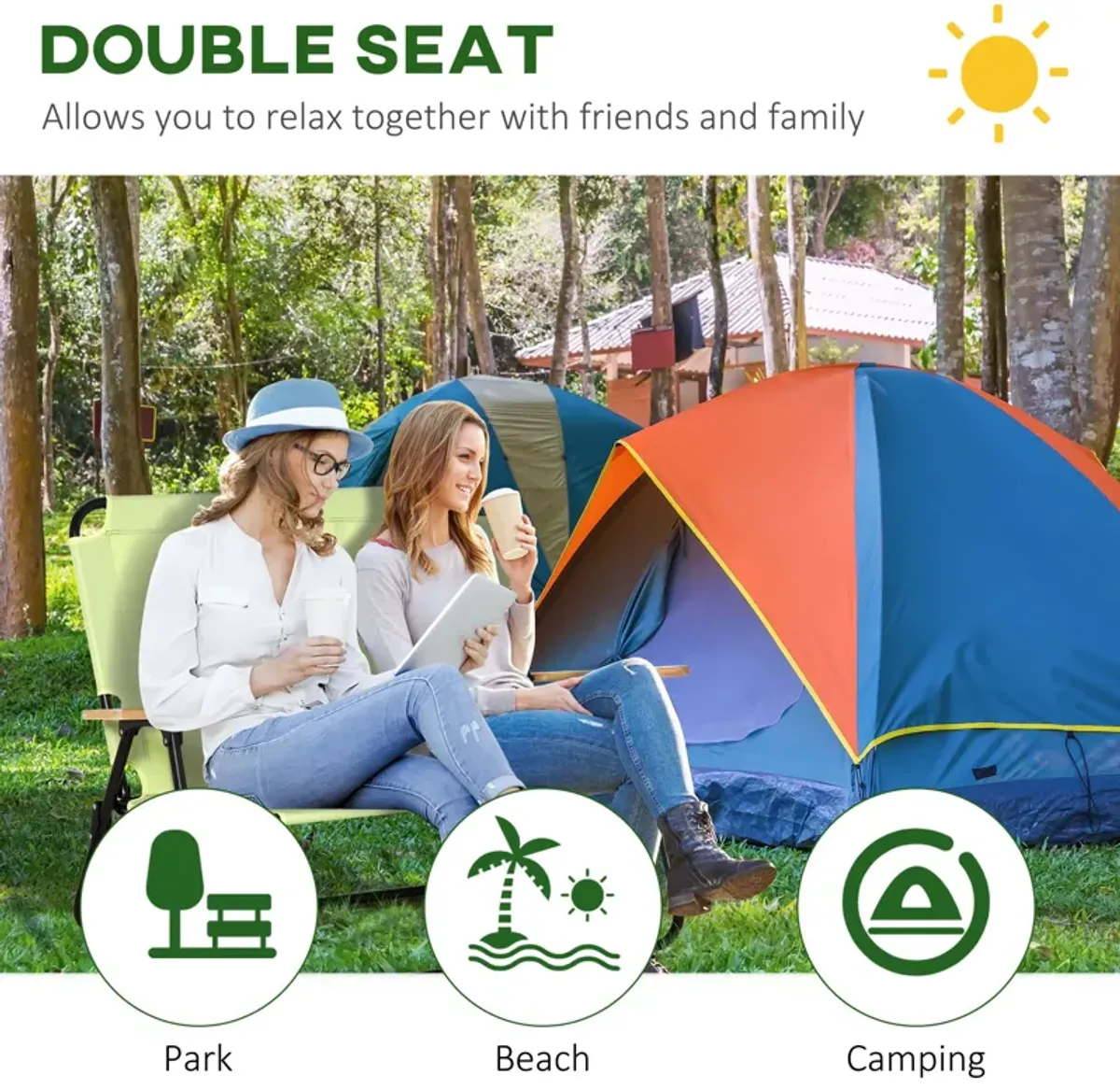 Green Portable Seating: Folding Double Camping Chair with Cup Holders