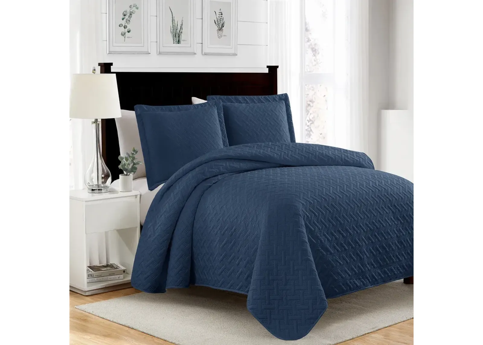 RT Designers Collection Bella 3pc Pinsonic Premium Quality All Year Round Quilt Set for Revitalize Bedroom Queen Navy