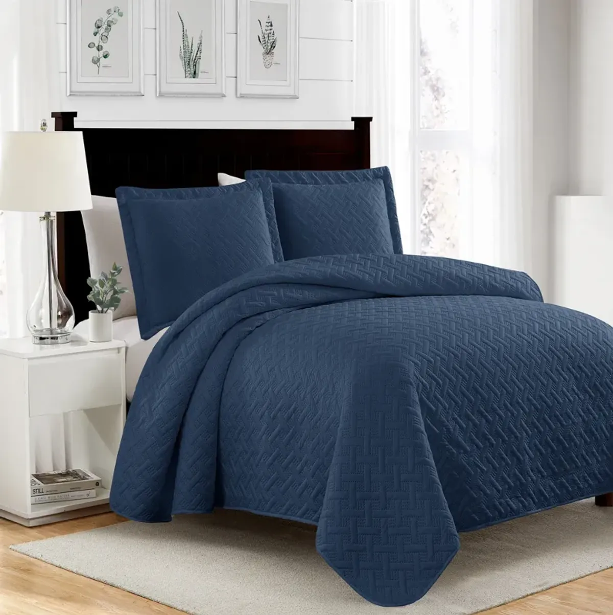 RT Designers Collection Bella 3pc Pinsonic Premium Quality All Year Round Quilt Set for Revitalize Bedroom Queen Navy