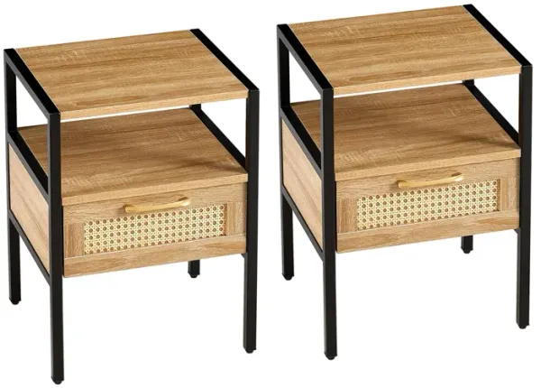 Set of 2 Rattan Nightstands End Tables with Drawer & Metal Legs for Bedroom & Living Room