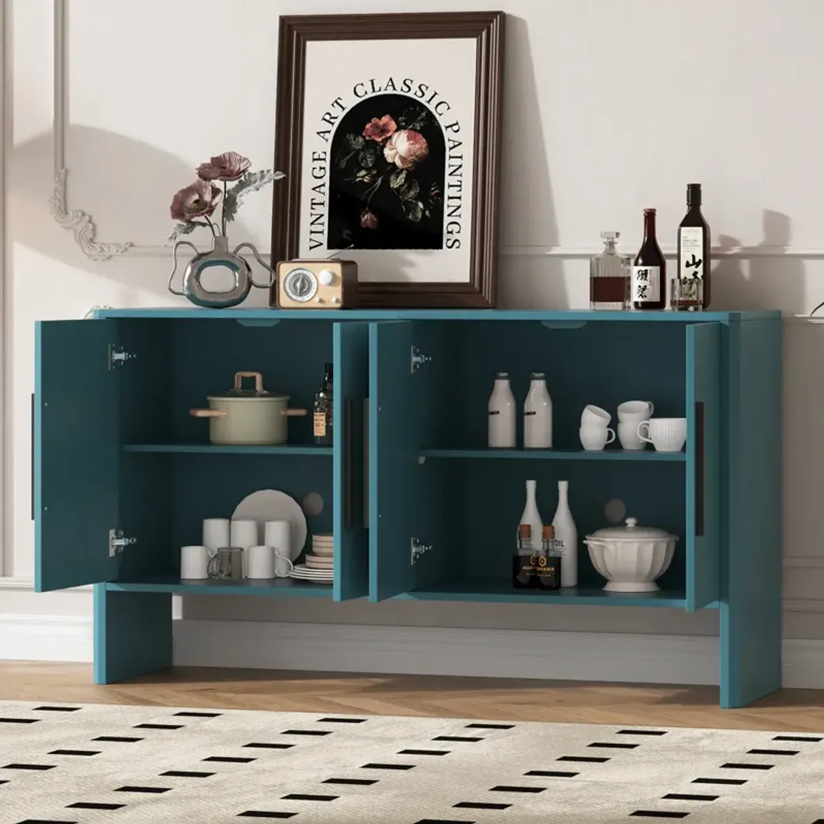 Gewnee 4-Door Large Storage Retro Sideboard with Adjustable Shelves and Long Handles for Kitchen, Dining Room and Living Room