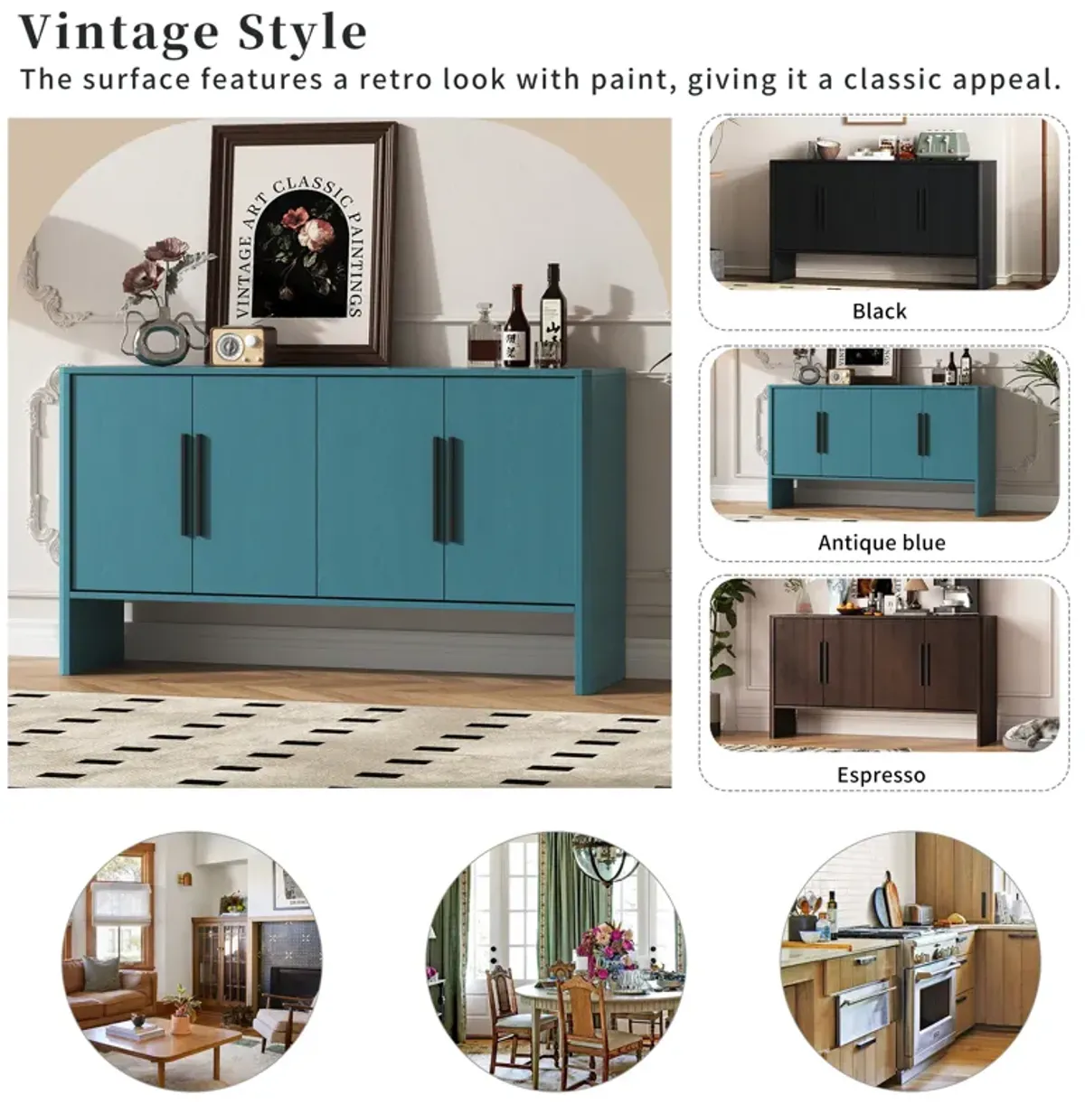 Gewnee 4-Door Large Storage Retro Sideboard with Adjustable Shelves and Long Handles for Kitchen, Dining Room and Living Room