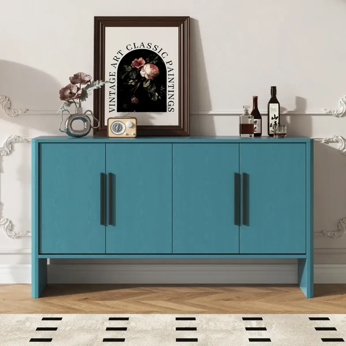 Gewnee 4-Door Large Storage Retro Sideboard with Adjustable Shelves and Long Handles for Kitchen, Dining Room and Living Room