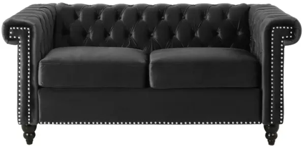 Misha 61 Inch Loveseat Sofa, Nailhead Trim, Channel Stitch Black Velvet - Benzara