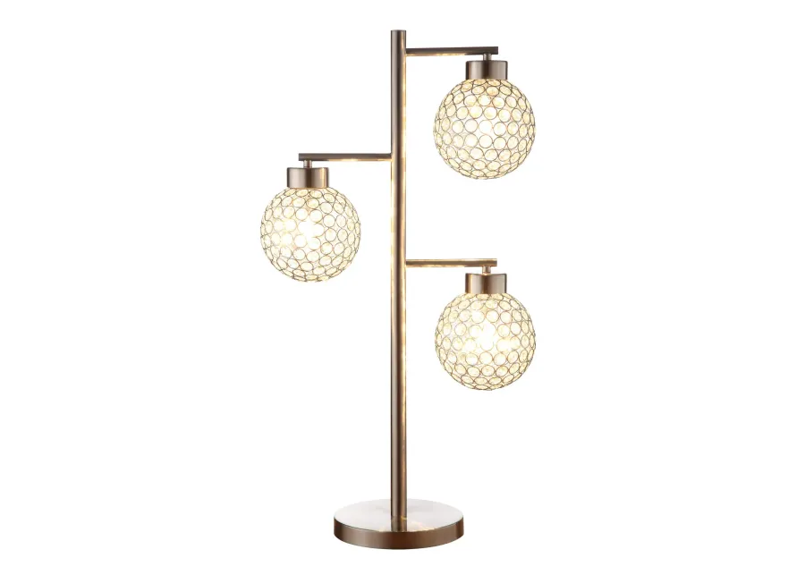 Fern 30 Inch Table Lamp with 3 Crystal Orb Shades, Metal, Sand Chrome-Benzara