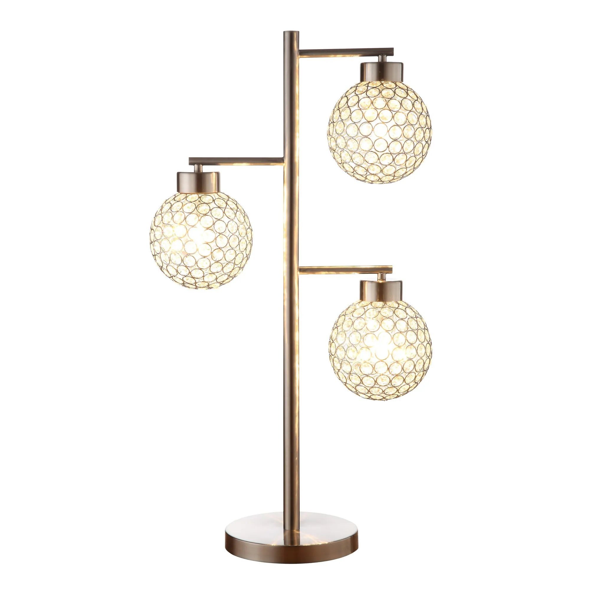 Fern 30 Inch Table Lamp with 3 Crystal Orb Shades, Metal, Sand Chrome-Benzara