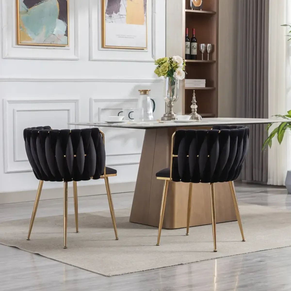 Dining Chair, Thickened fabric chairs with wood legs, Set of 2, Black