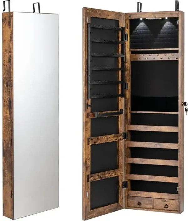 Hivvago 2-in-1 Door/Wall Mounted Jewelry Armoire Full Length Mirror in Brown Wood Finish