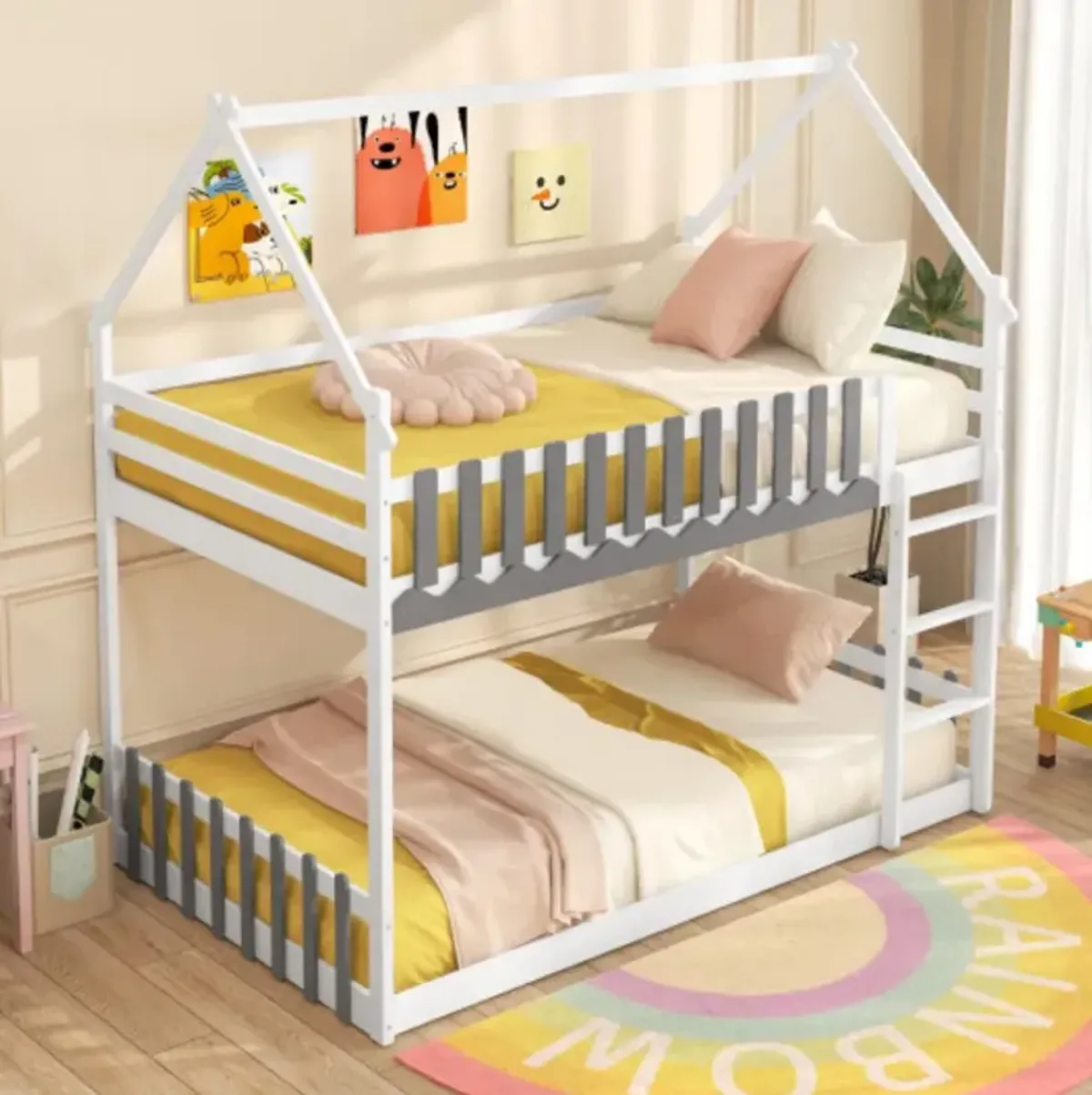 Twin Over Twin Bunk Bed with Fence and Ladder for Kids-Grey