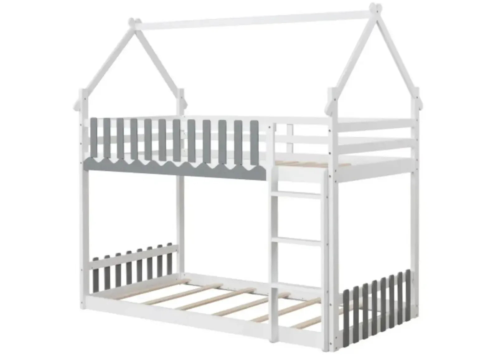 Twin Over Twin Bunk Bed with Fence and Ladder for Kids-Grey