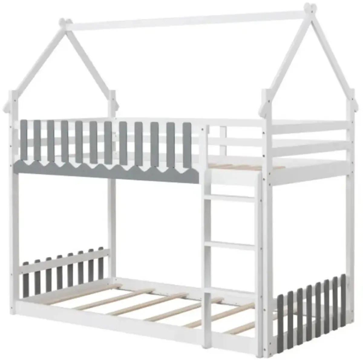 Twin Over Twin Bunk Bed with Fence and Ladder for Kids-Grey