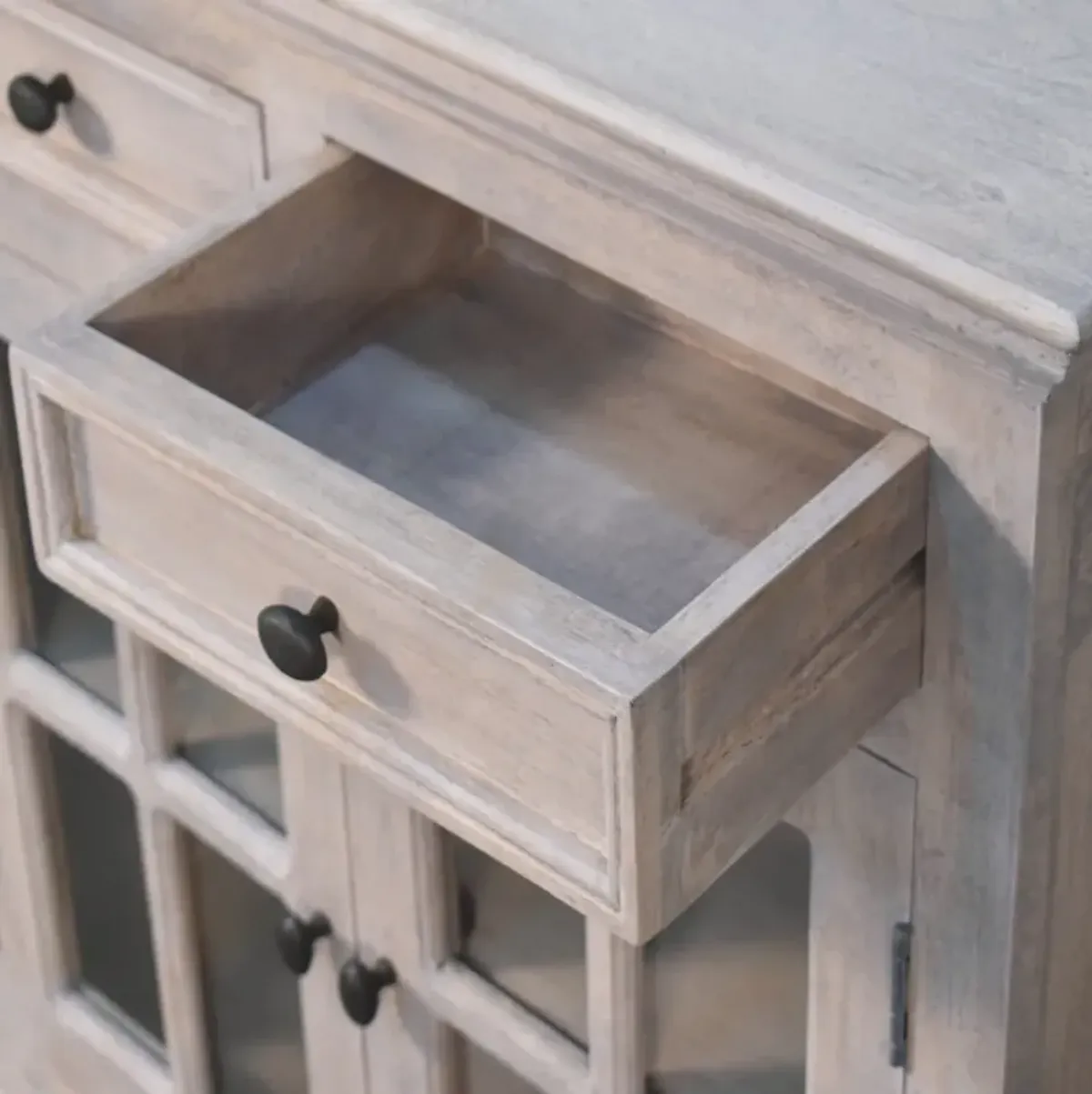 Stone Finish  Solid Wood Cabinet with Glazed Doors