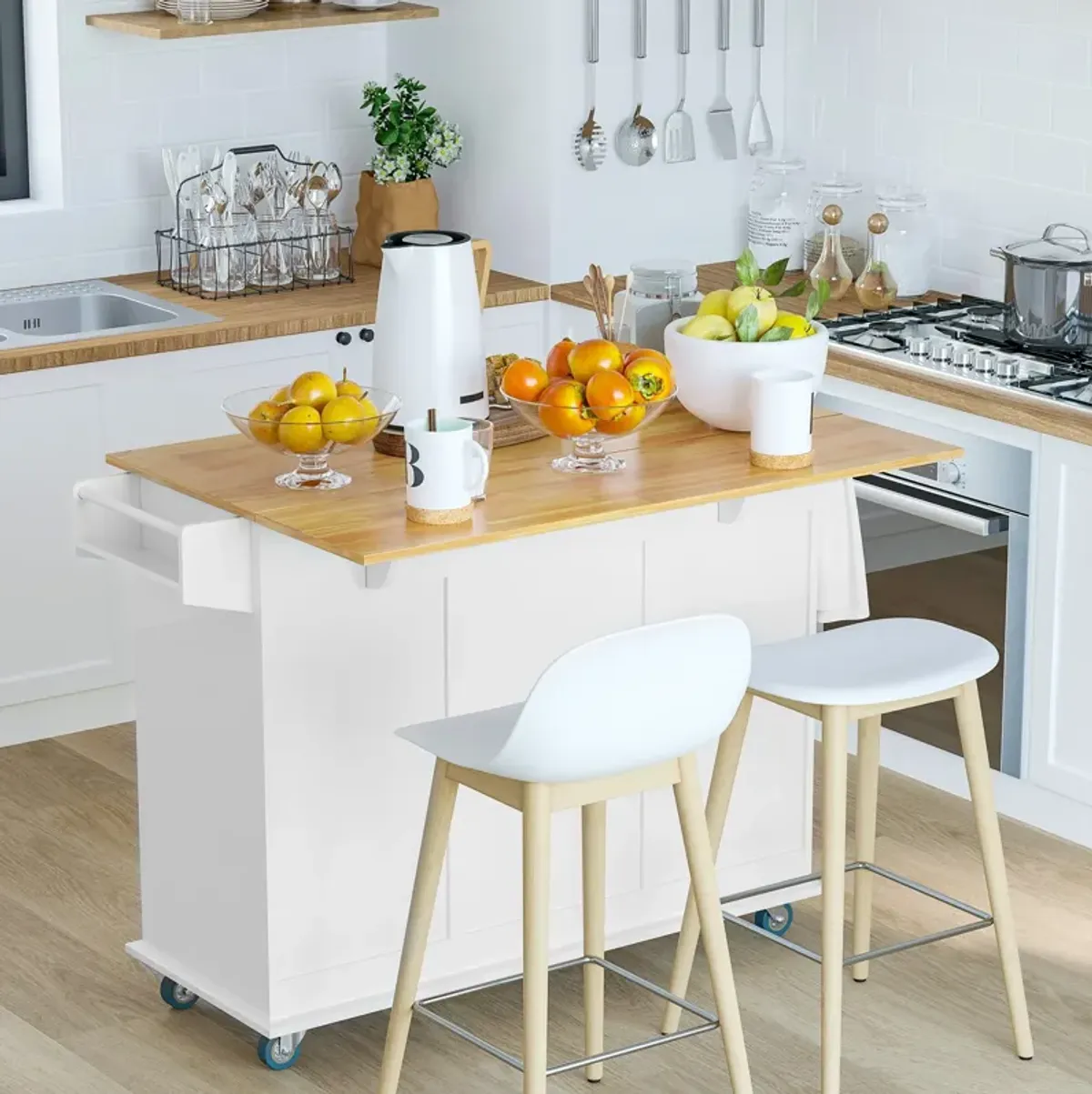 White Kitchen Assistant: Island Cart with Drop Leaf and Storage