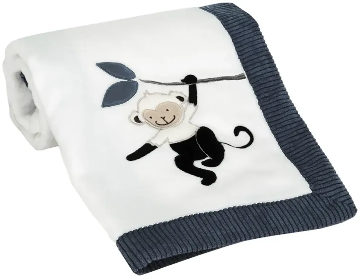 Lambs & Ivy Jungle Party White/Navy Monkey Soft Fleece Baby Blanket