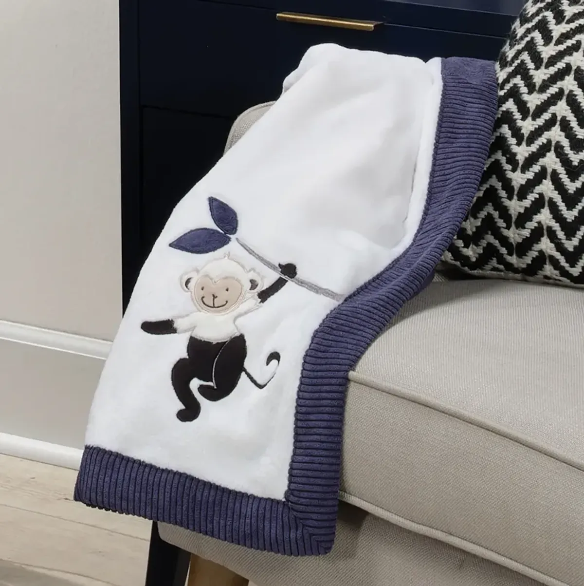 Lambs & Ivy Jungle Party White/Navy Monkey Soft Fleece Baby Blanket