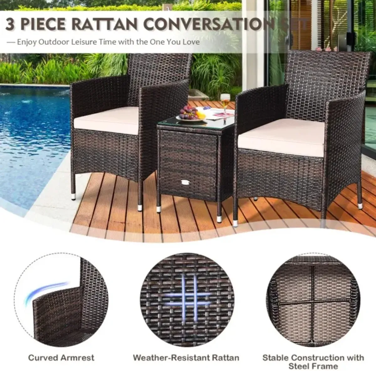 Hivvago 3 Pieces Ergonomic Wicker Patio Conversation Set