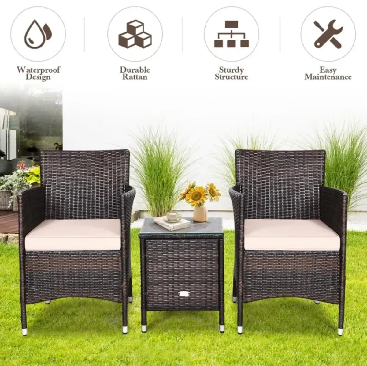 Hivvago 3 Pieces Ergonomic Wicker Patio Conversation Set