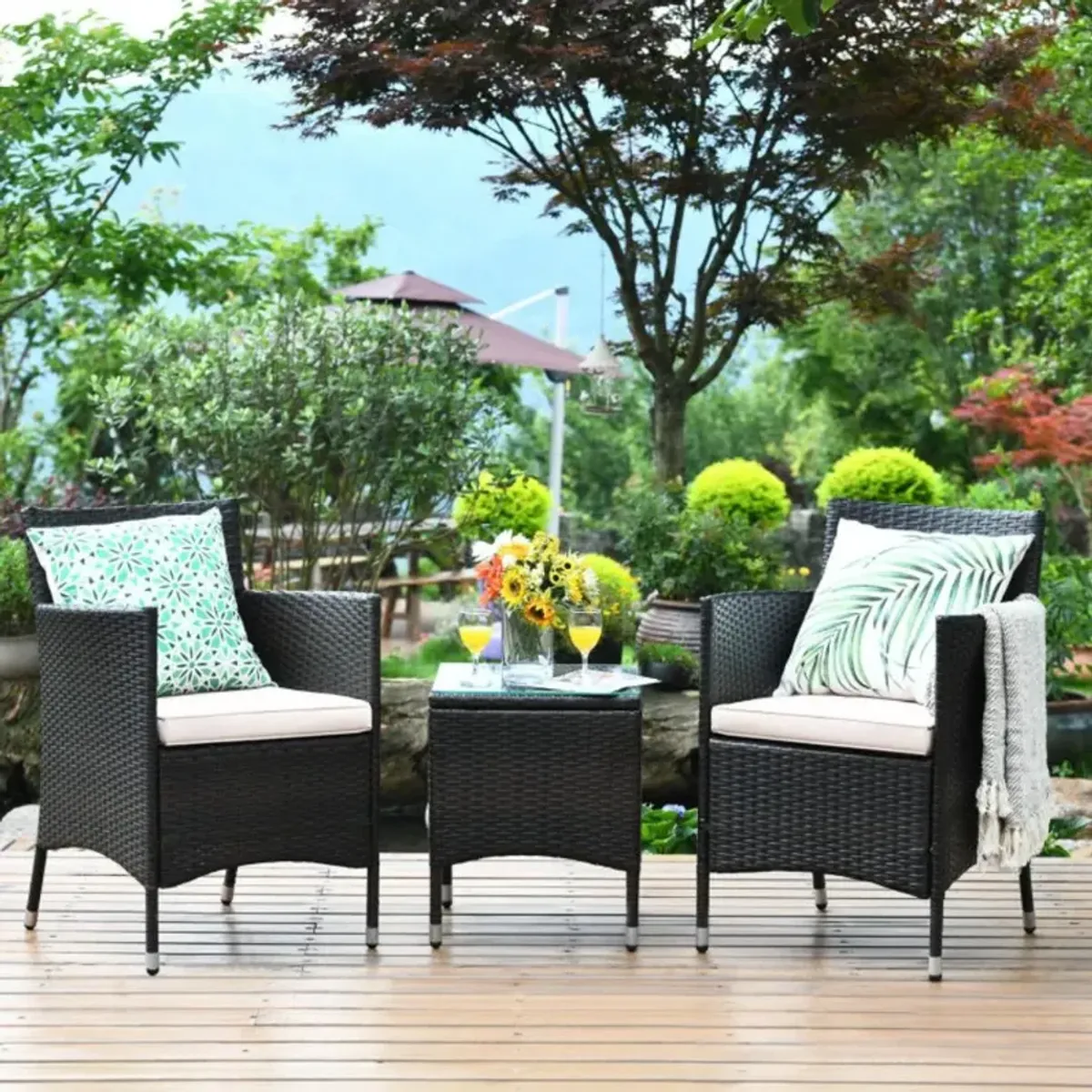 Hivvago 3 Pieces Ergonomic Wicker Patio Conversation Set