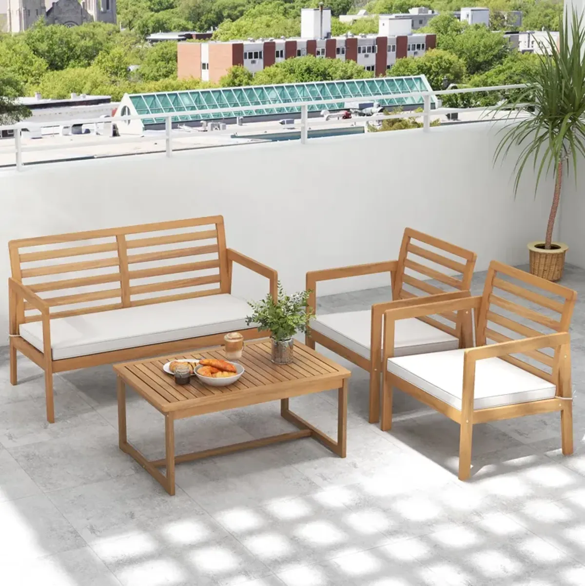 4 Piece Wood Patio Conversation Set with 2 Armchairs and Coffee Table-White