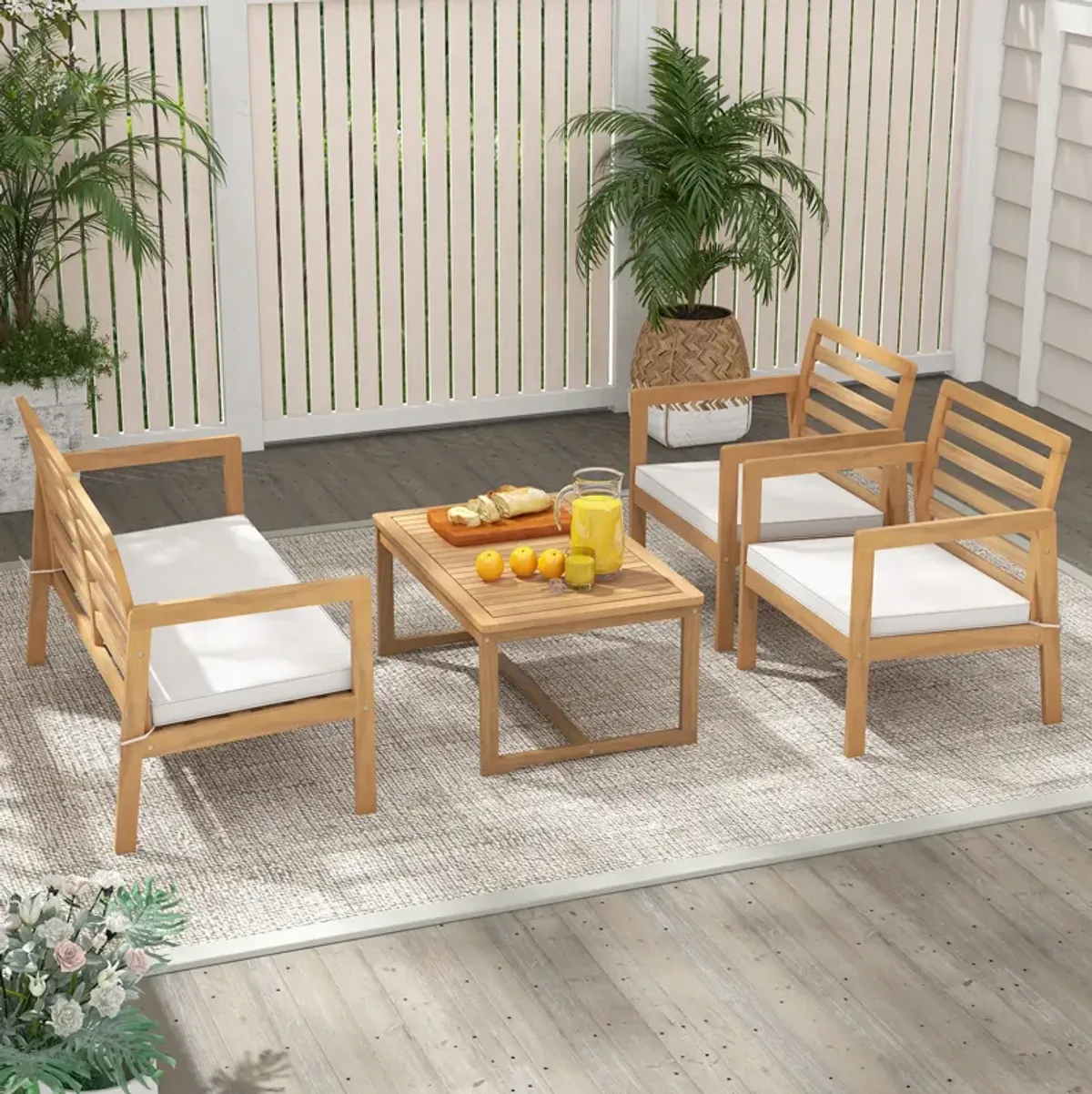 4 Piece Wood Patio Conversation Set with 2 Armchairs and Coffee Table-White