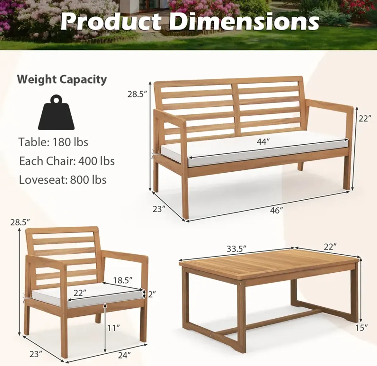 4 Piece Wood Patio Conversation Set with 2 Armchairs and Coffee Table-White