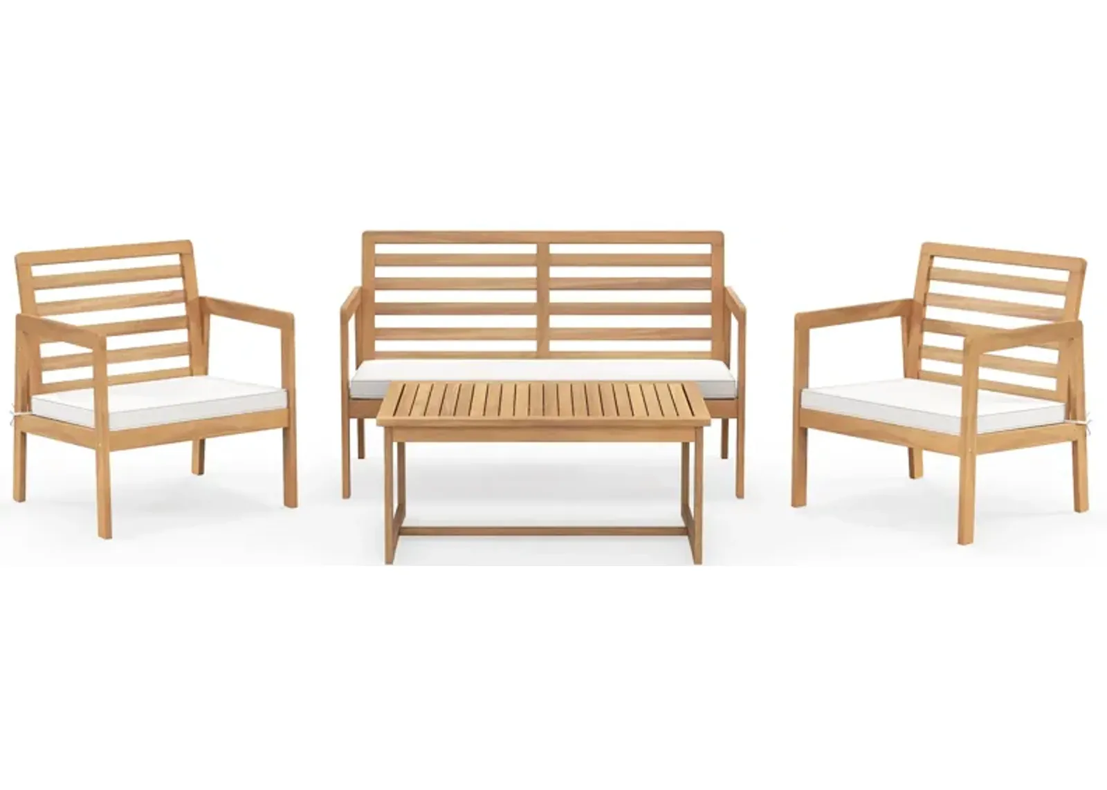 4 Piece Wood Patio Conversation Set with 2 Armchairs and Coffee Table-White