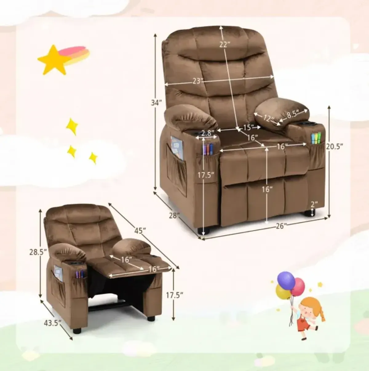 Hivvago Kids Recliner Chair with Cup Holder and Footrest for Children