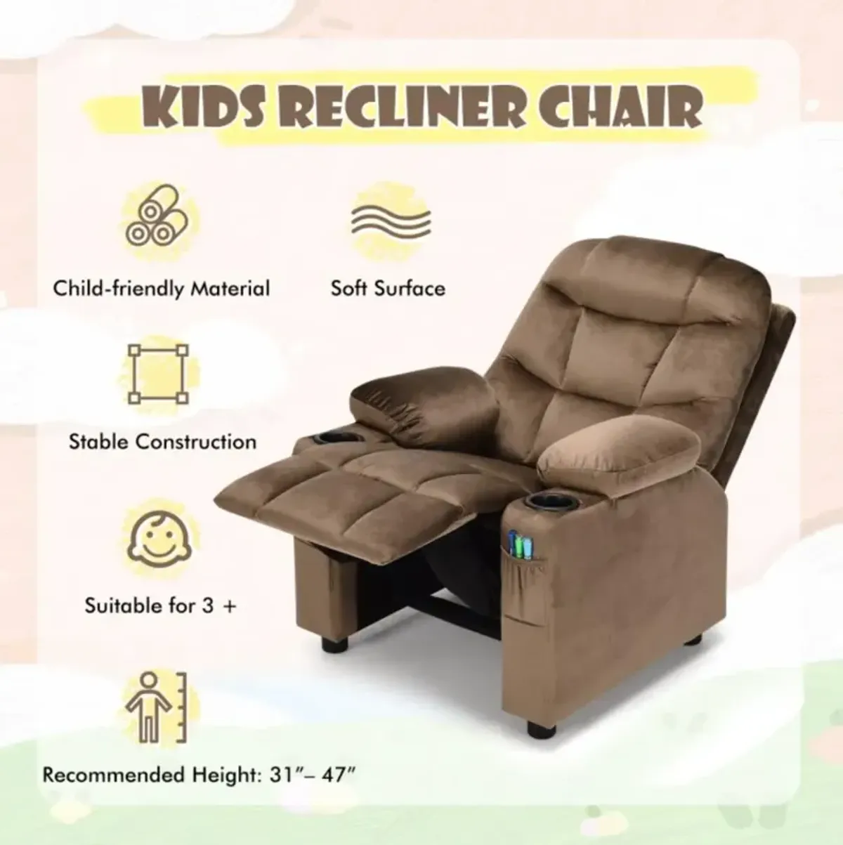 Hivvago Kids Recliner Chair with Cup Holder and Footrest for Children