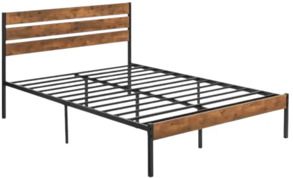 Hivvago Queen Industrial Platform Bed Frame with Brown Wood Slatted Headboard Footboard