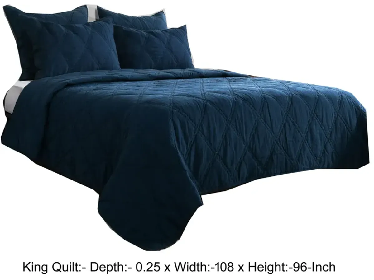 Hara Hand Quilted Flax Linen Quilt Polyester Fill, Midnight Blue-Benzara