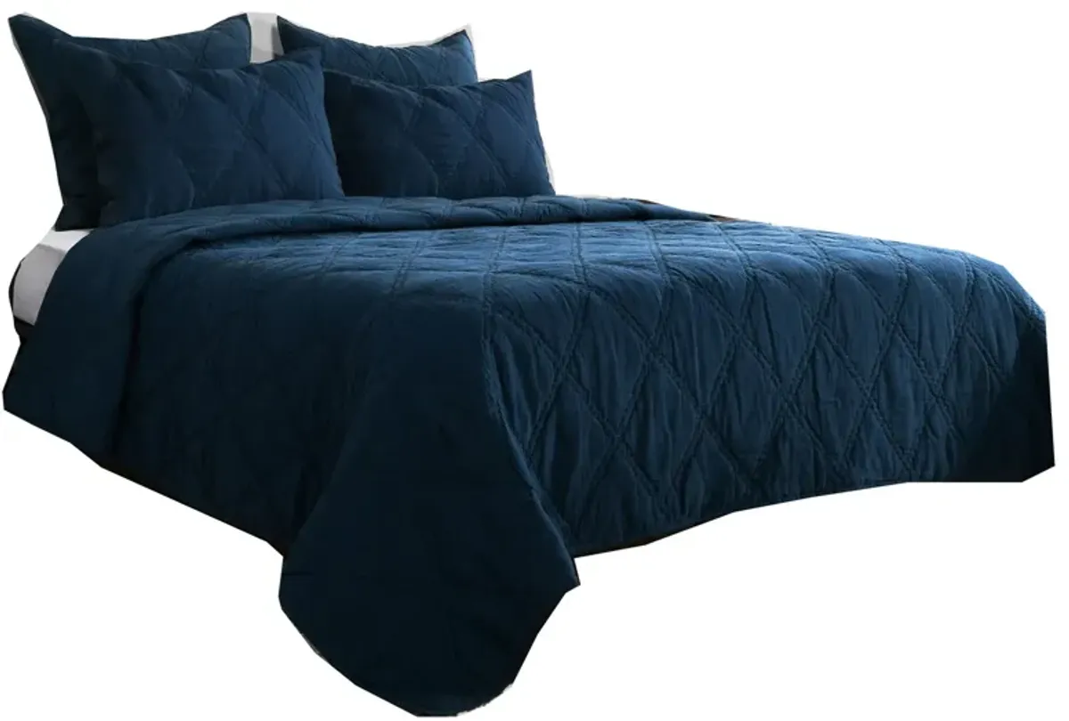 Hara Hand Quilted Flax Linen Quilt Polyester Fill, Midnight Blue-Benzara