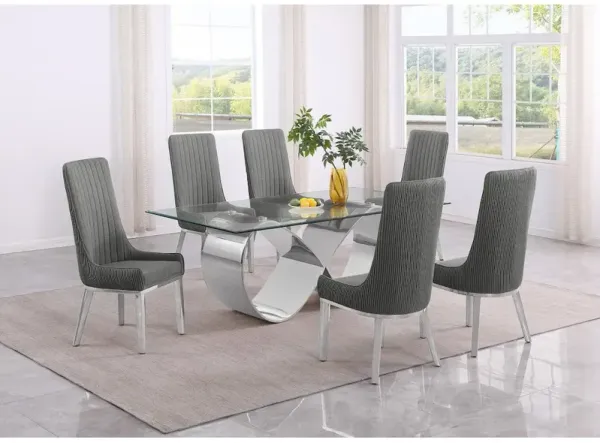 Best Quality Furniture 7Pc Tempered Glass Dining Set 6 Rich Gray Boucle Side Chairs And A Silver Base
