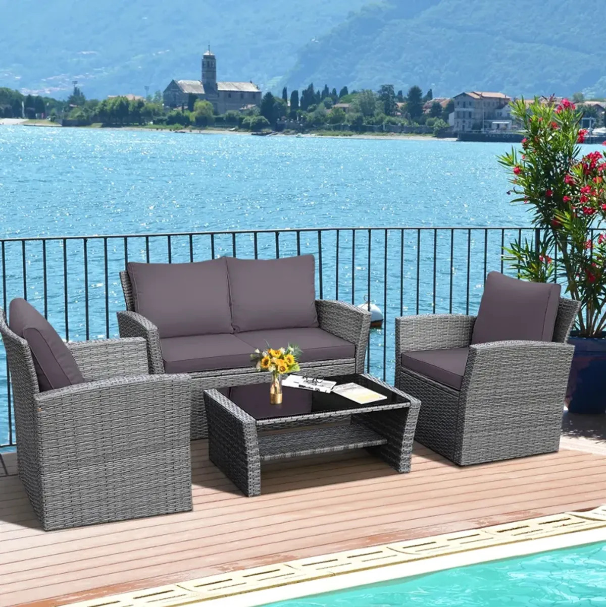 4 Pieces Patio Rattan Furniture Set Sofa Table with Storage Shelf Cushion