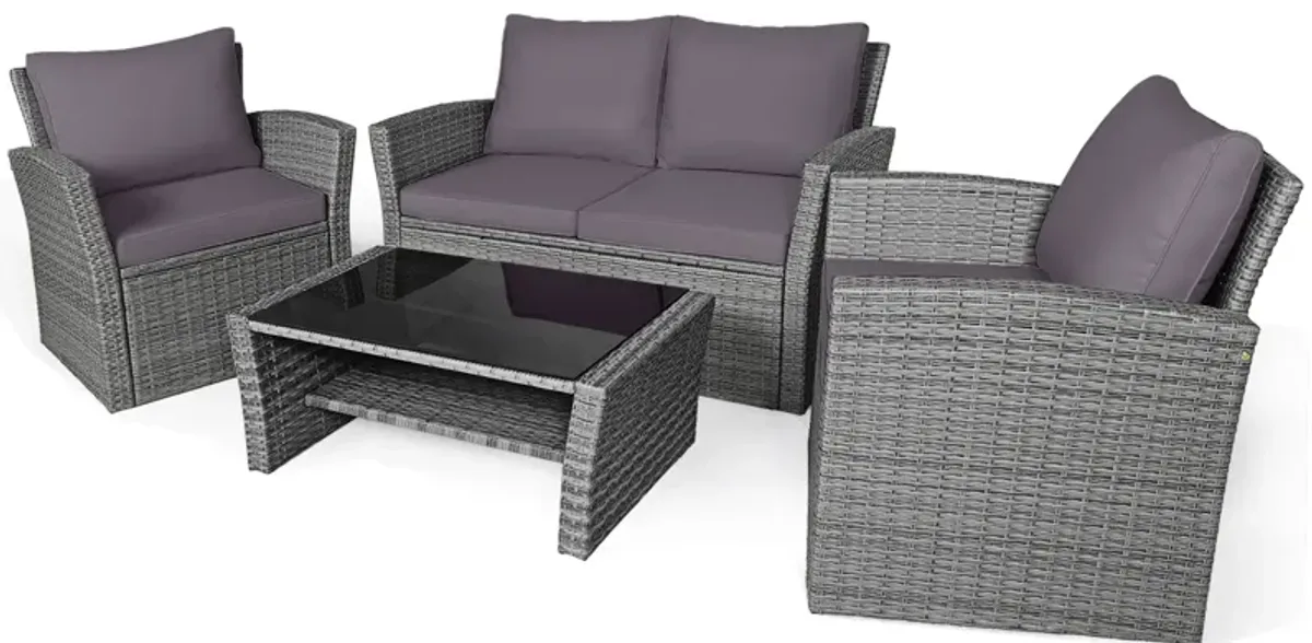 4 Pieces Patio Rattan Furniture Set Sofa Table with Storage Shelf Cushion