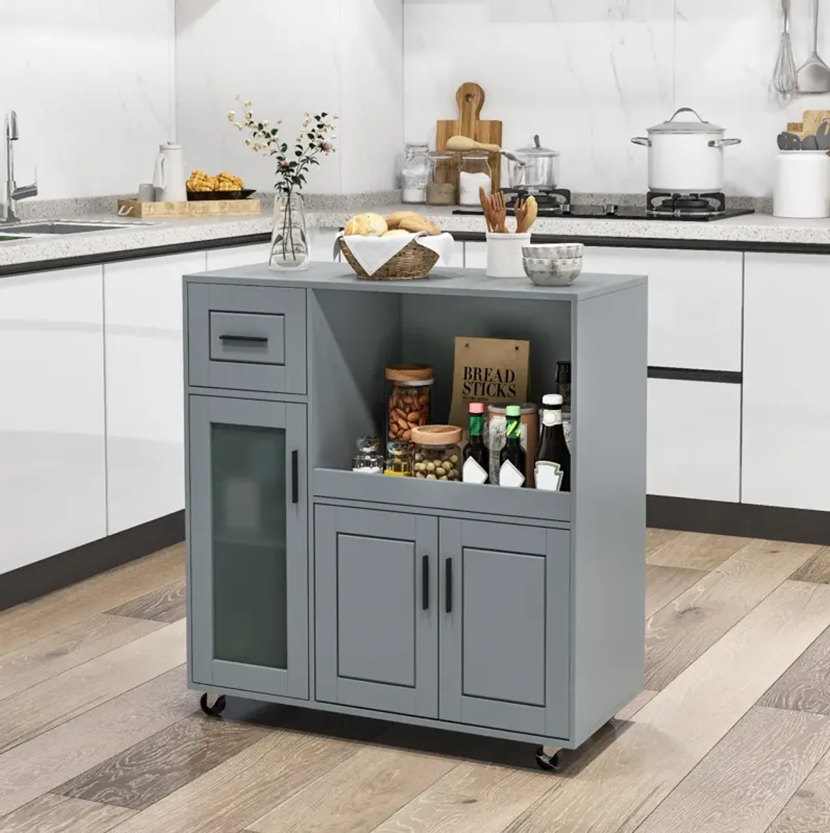 Rolling Kitchen Island with Wheels Drawer and Glass Door Cabinet