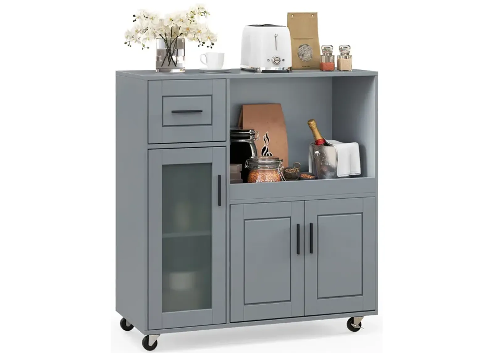 Rolling Kitchen Island with Wheels Drawer and Glass Door Cabinet