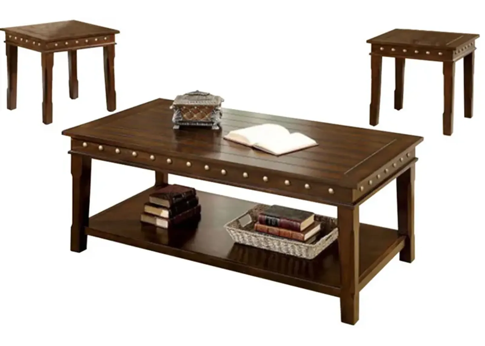 Solid Wood Coffee & End Tables Set, Dark Brown, Pack of 3-Benzara