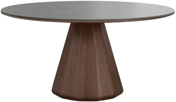 Casabianca Home Eric 60 In Round Dining Table With Walnut Base And Gray Marbled Ceramic Top