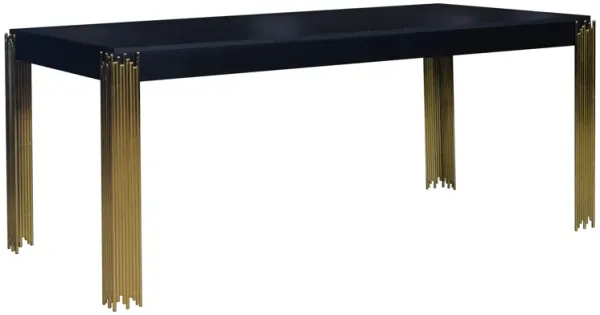 Theo Dining Table, Gold Metal Legs, Retro Black Wood Frame, 72 Inch - Benzara