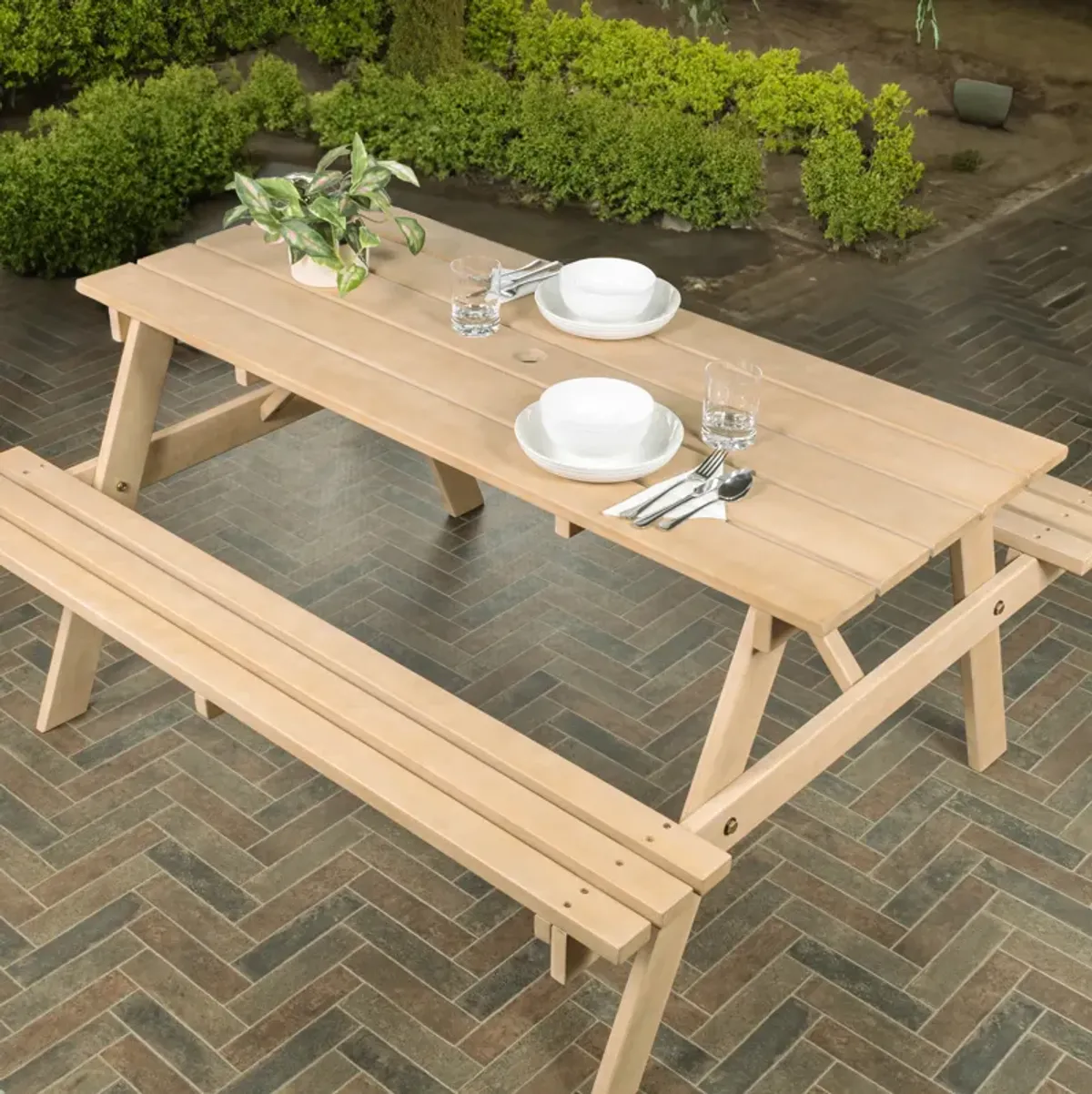 Shoreham Modern Classic Outdoor Wood Picnic Table Benches with Umbrella Hole