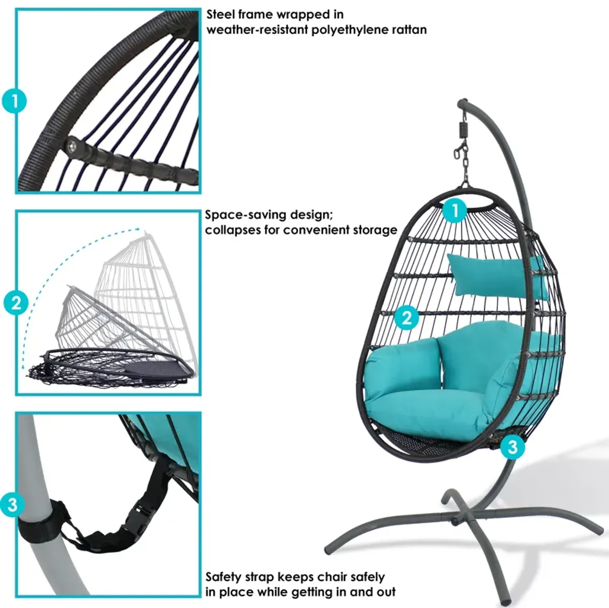 Sunnydaze Resin Wicker Hanging Egg Chair with Steel Stand/Cushions